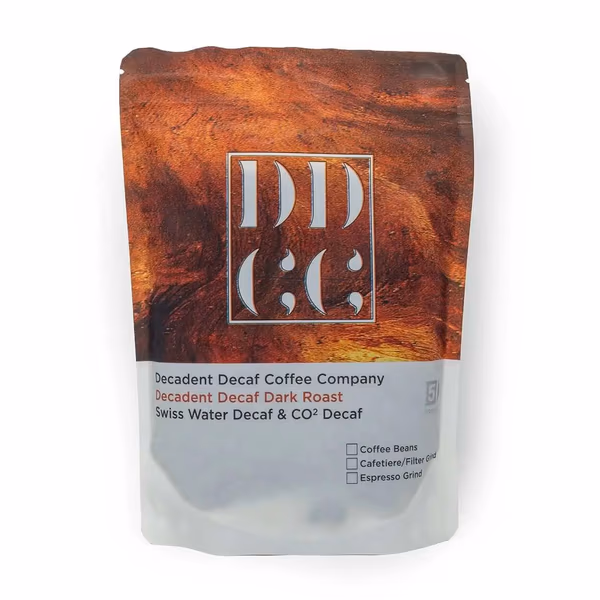 Decadent Decaf Dark Roast Decaffeinated Coffee Blend - Swiss Water Decaf/CO2 Process - Strength 5