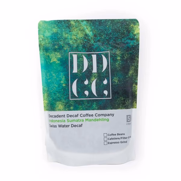Indonesia Sumatra Decaffeinated Coffee - Swiss Water Decaf Process - Strength 5 - Decadent Decaf